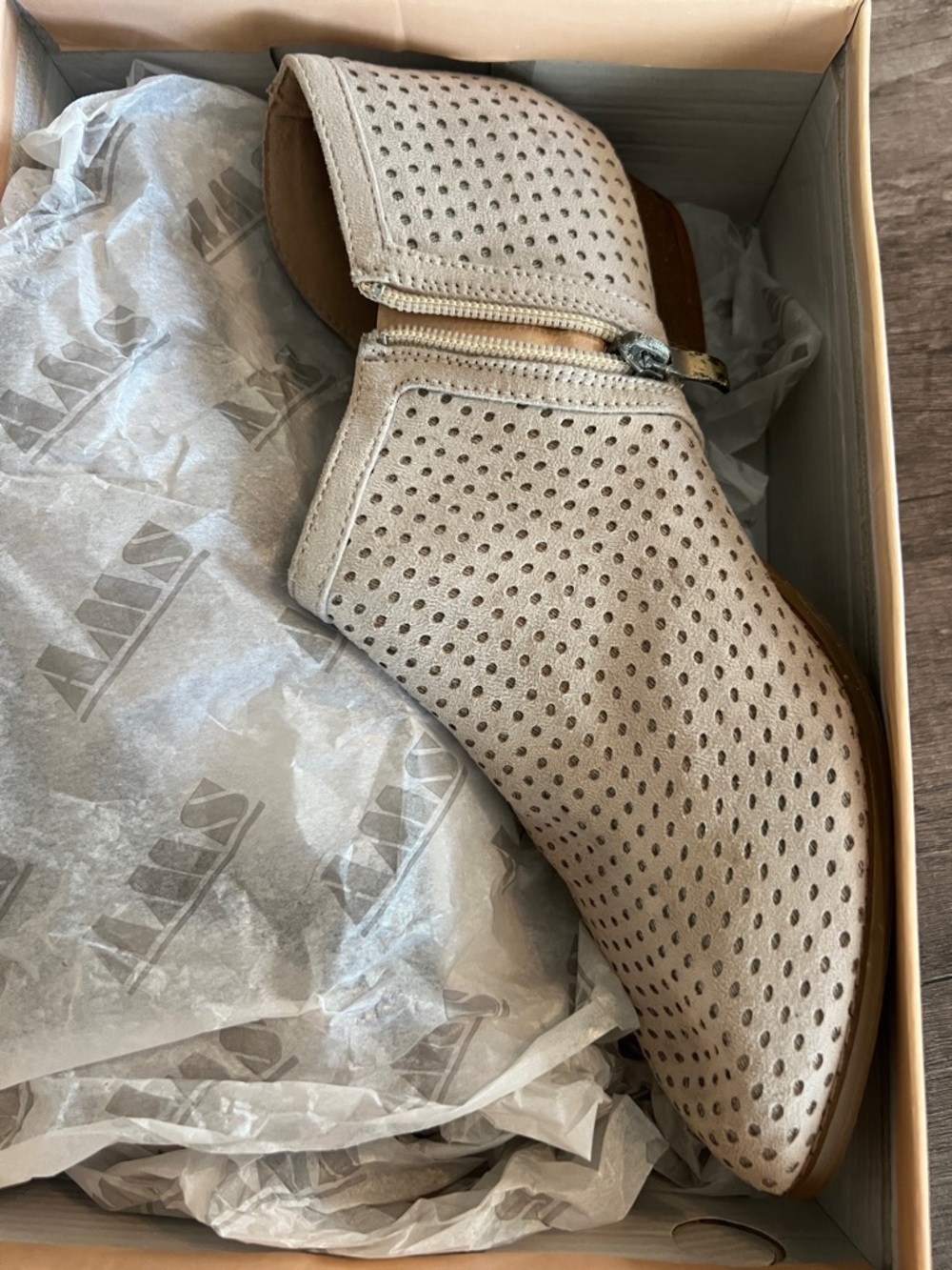 Perforated Suede Ankle Bootie in Light Taupe